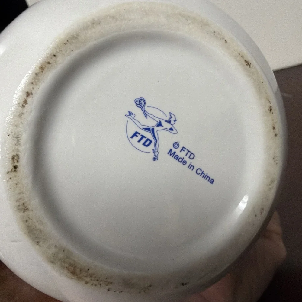 Vintage FTD White Blue Ceramic Pitcher Floral Ribbon Pattern‎ Art Pottery 6